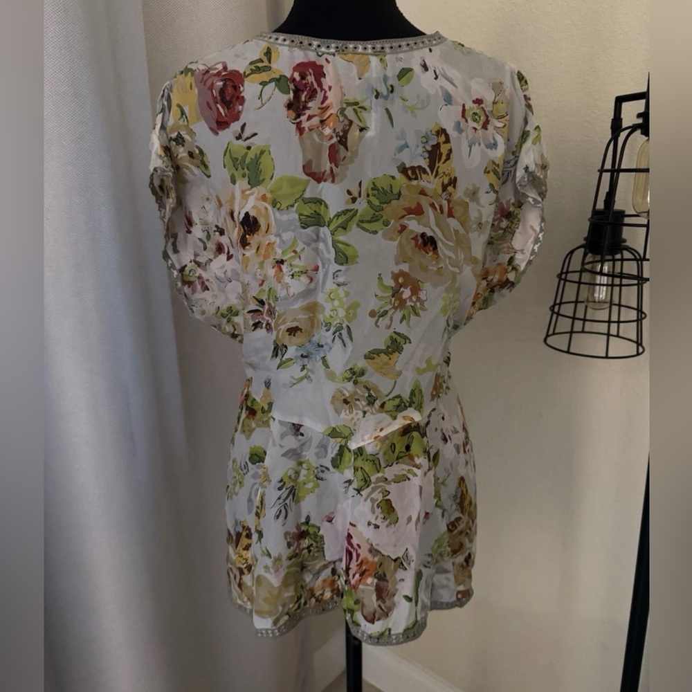Johnny Was Silk Boho Floral Tunic Top S Crochet Lace V Neck Blouse - Picture 7 of 10